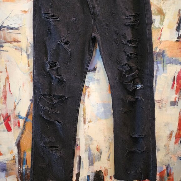 AGolde Destroyed/Distressed Criss Cross Waist Jeans in Feverish Wash Black - Picture 2 of 4